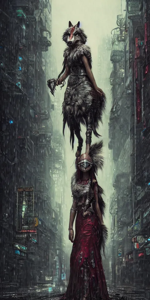 Image similar to hyper realistic Princess Mononoke, ornate mask, wet market street, rainy atmosphere, full moon, cyberpunk metropolis, city landscape, jewels, full body pose, wolves, style of tom bagshaw, mucha, james gurney, norman rockwell, denoised, sharp