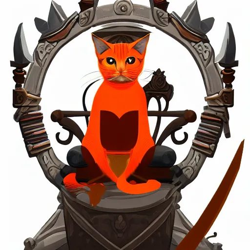 Prompt: orange pirate cat sitting on a throne made of swords, digital art, trending on artstation