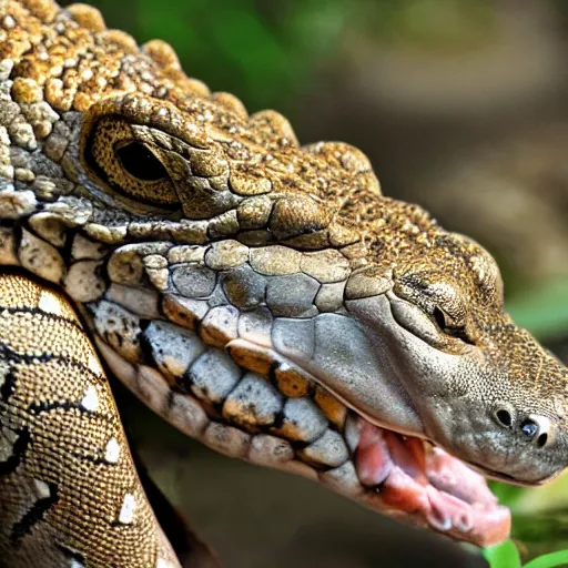 Image similar to rattlesnake and crocodile mutant hybrid animal realistic picture, taken in zoo
