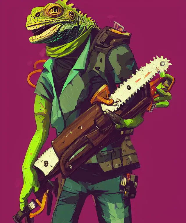 Prompt: a portrait of an anthropomorphic iguana holding a chainsaw, cyberpunk!, fantasy, elegant, digital painting, artstation, concept art, matte, sharp focus, illustration, art by josan gonzalez