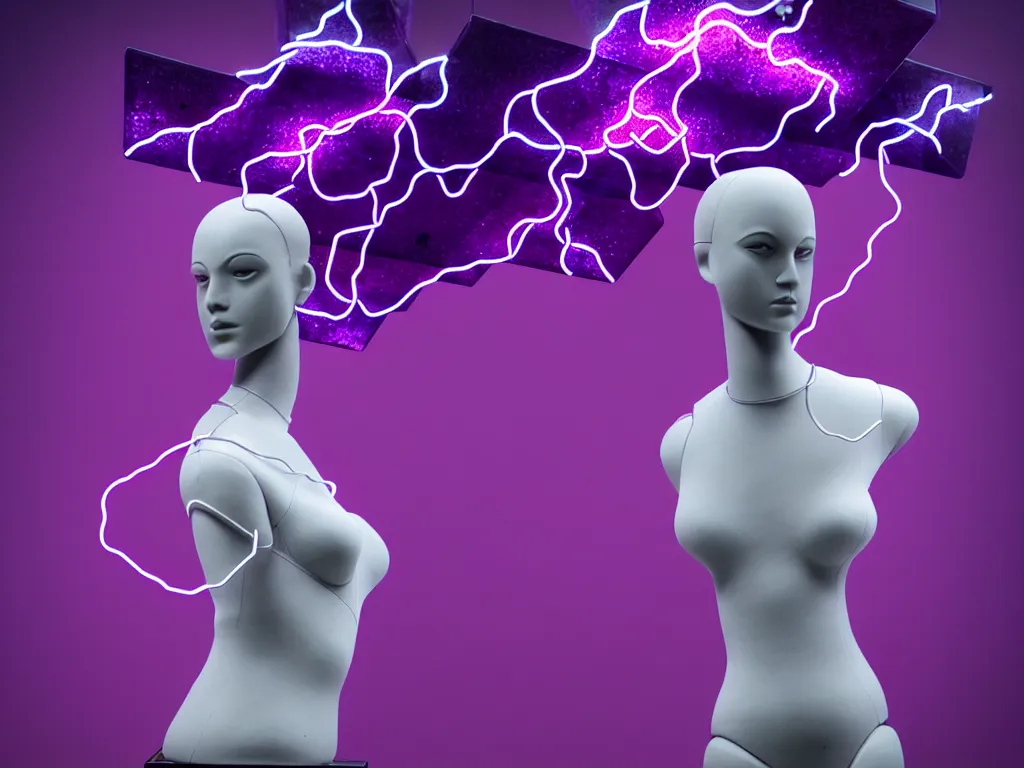 Prompt: beautiful mannequin sculpted out of amethyst by billelis + lit with purple 3 d geometric neon + chrome geometric cubed bonsai plants!!!!, dark grey clouds + neon pink lightning in background, clean linework, dramatic, finely detailed, rule of thirds, moody, confident, award winning, 4 k, trending on artstation, photorealistic, volumetric lighting, octane render