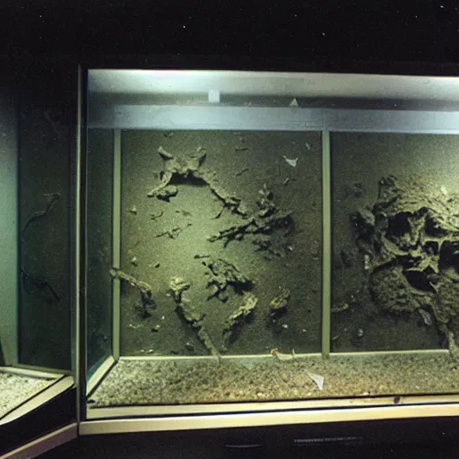 Image similar to spooky creepy liminal space, display case, aquatic exhibition science museum, dusty dried cracked aquarium, computer screens, photo taken on fujifilm superia