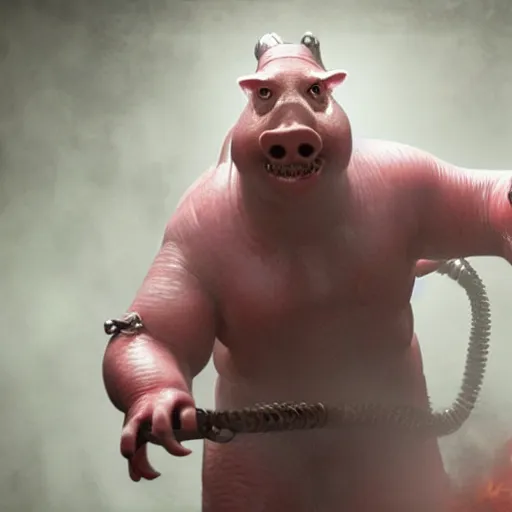 Prompt: Live Action Still Pig Man As Ghostbusters, real life, hyperrealistic, ultra realistic, realistic, highly detailed, epic, HD quality, 8k resolution, body and headshot, film still,Exquisite detail, post-processing, masterpiece, Cinematic Lighting, Unreal Engine, 8k, HD
