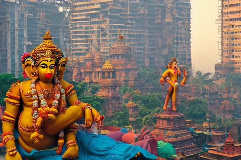 Prompt: high quality photo dreamscape! mumbai with biomorphic hanuman!! head building, kalighat, octane highly detailed, cinematic smooth, stephen shore & john j. park, soft morning light, wide shot, high angle, uhd 8 k, deep focus