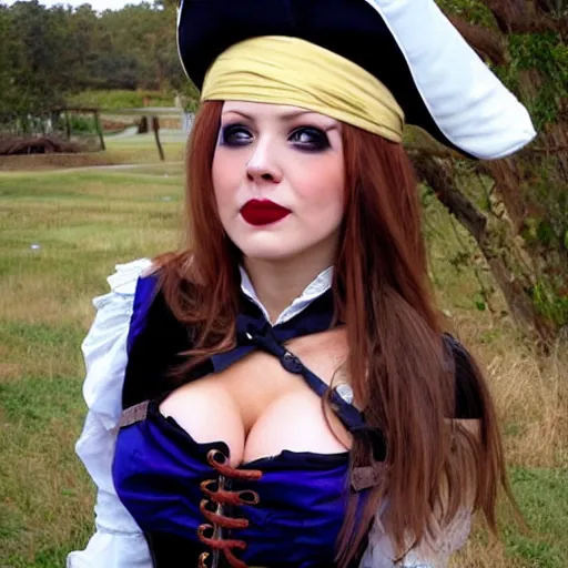 Prompt: a buxom pirate wench wearing a short skirt, halloween, cosplay, beautiful gazing eyes