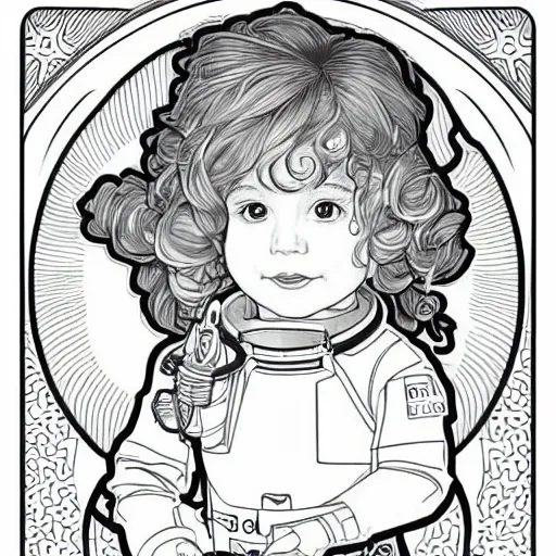 Prompt: clean simple line art of a cute little girl with a short brown wavy curly hair. she is dressed as an astronaut. no background. well composed, clean coloring book page, beautiful detailed face. coloring book line art by artgerm and greg rutkowski and johanna basford and alphonse mucha