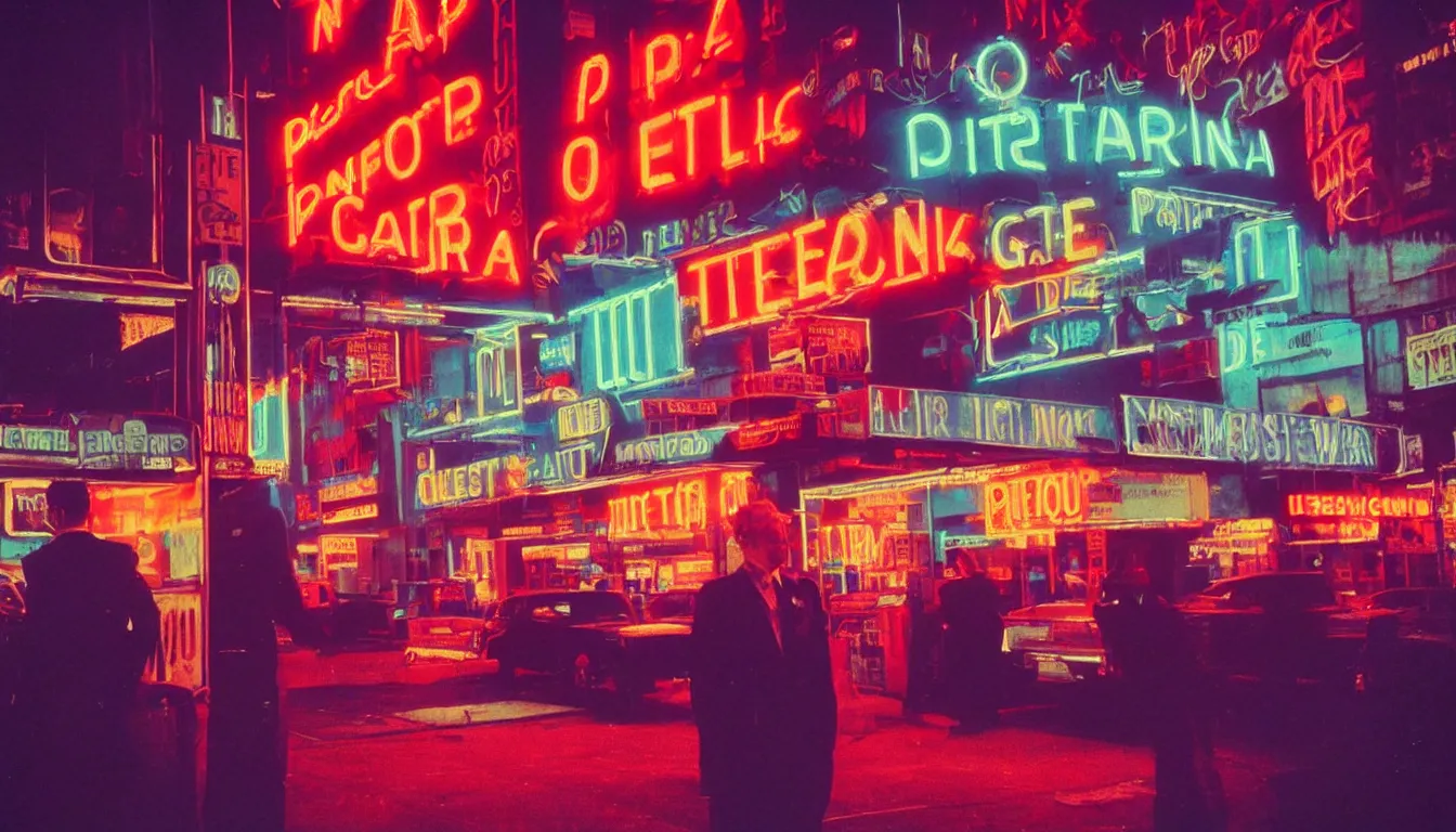 Image similar to 8 0 s polaroid photo, cinema still, tall man in suit smoking and watching new york panorama at night, neon signs, colorful haze, americana, high production value, 8 k resolution, hyperrealistic, photorealistic, high definition, high details, tehnicolor, award - winning photography, masterpiece, amazing colors