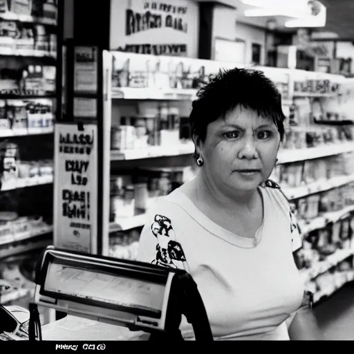 Prompt: a middle - aged woman working as a cashier at a dingy convenience store, award - winning photography, 1 9 9 0