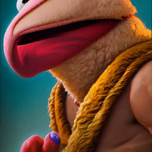 Image similar to gonzo from the muppets as dhalsim from street fighter, 4 k, ultra realistic, detailed focused art by artgerm and greg rutkowski and alphonse mucha