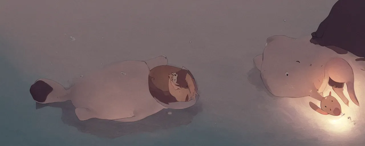 Image similar to a dead baby harp seal on the bottom of the ocean, atey ghailan, goro fujita, studio ghibli, rim light, dark lighting, clear focus, very coherent,