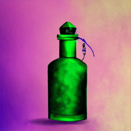 Prompt: one magical bottle with green poison, dark-violet background, precise, storybook, digital painting