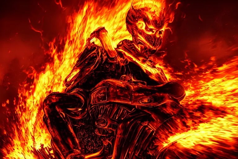 Prompt: Ghost Rider covered in flames, headshot photo, dark souls concept art, dramatic lighting, highly stylized, high-quality wallpaper, desktopography