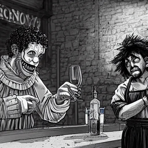 Prompt: the bartender tells the client a story about how he was robbed by a clown a medieval town in the style of kentaro miura, 4 k, 8 k, absolute detailing of even the smallest details and particles, beautiful shadows, beautiful art, black and white drawing