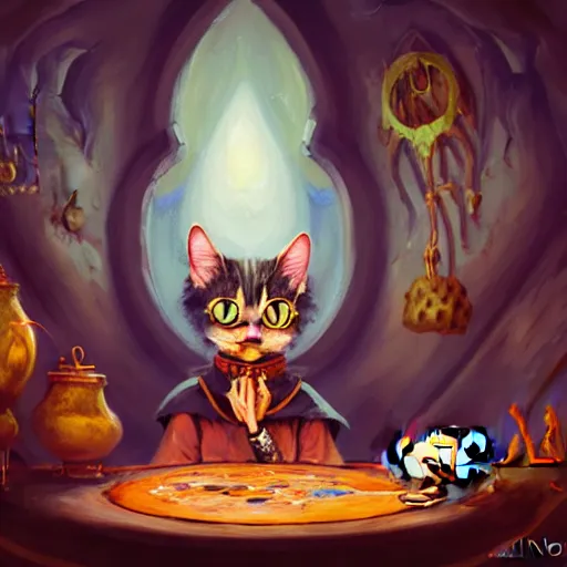 Prompt: Oil Painting of Cat Witch, Anthropomorphized, evil, brewing potion in witch Hut, magic the gathering artwork, horror, D&D, fantasy, cinematic lighting, centered, symmetrical, highly detailed, digital painting, artstation, concept art, smooth, sharp focus, illustration, volumetric lighting, epic Composition, 8k, art by Akihiko Yoshida and Greg Rutkowski and Craig Mullins, oil painting, cgsociety