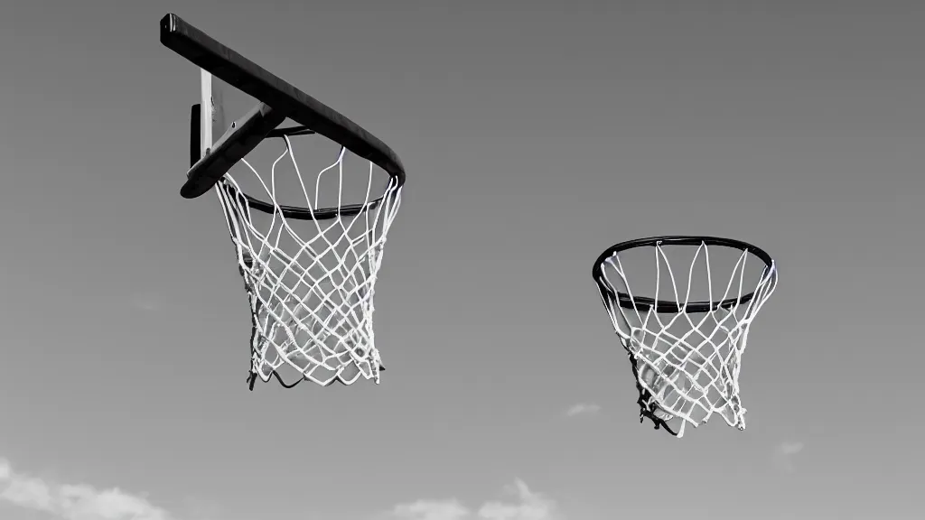 Image similar to photograph of an isolated basketball backboard and rim on a dirt court in a scenic location, in the styles of cameron look, andrew bernstein, and ansel adams. intricate, hyperrealistic, monochrome hdr, accurate court