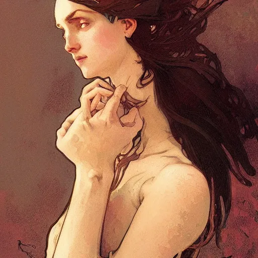 Prompt: woman by greg rutkowski and alphonse mucha