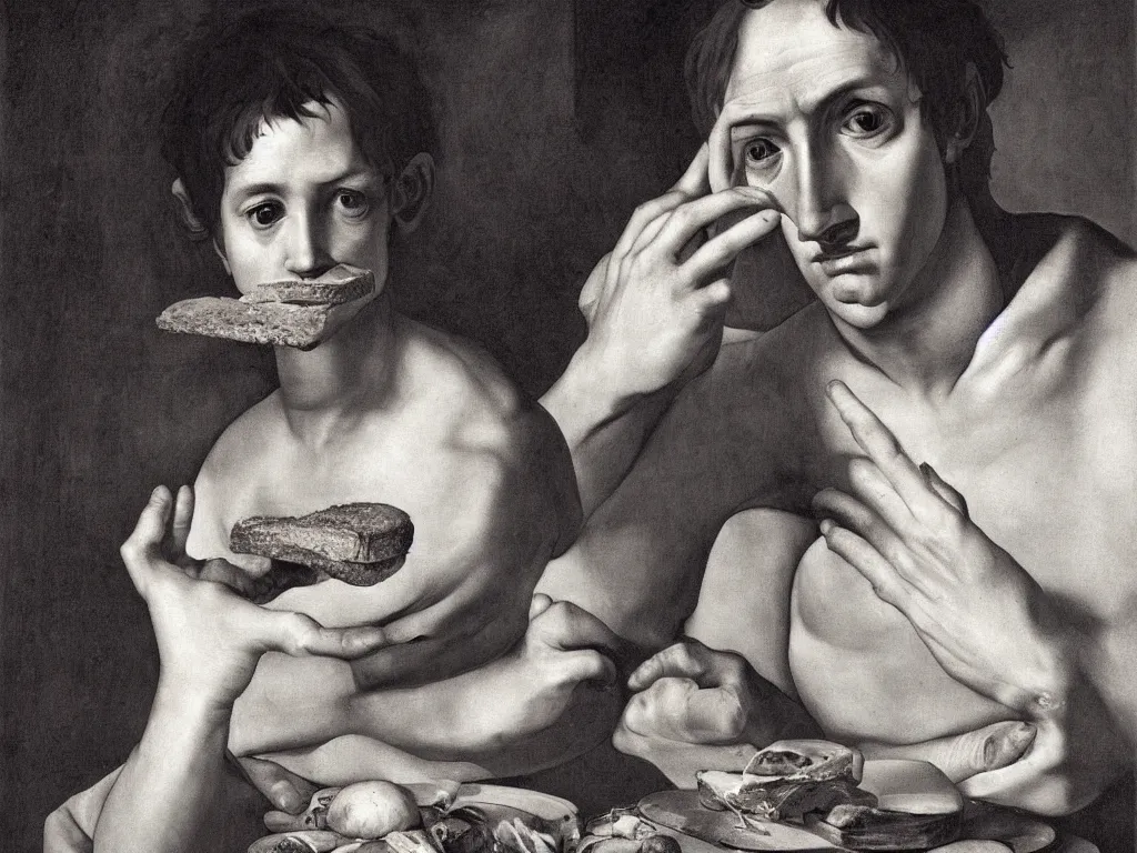 Image similar to Tired but beautiful, symmetrical young man eating bread, cheese. Golden harsh light. Portrait by Caravaggio, inspired by Roger Ballen