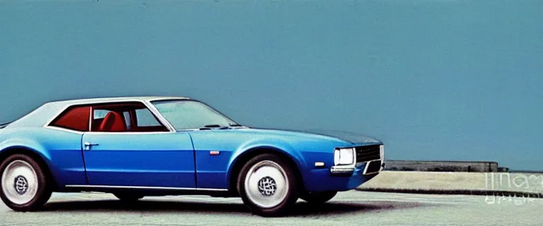 Image similar to denim blue audi camaro b 1 ( 1 9 6 7 ), 8 0 s retro poster, establishing shot