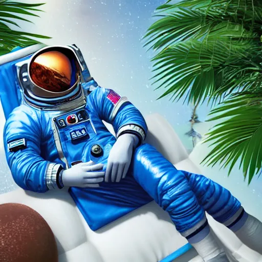 Image similar to an astronaut lounging in a tropical resort in space in a photorealistic style, 4 k