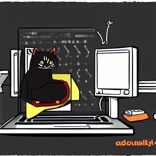 Image similar to a black cat programming in a computer. cartoon. high quality. high fidelity. unsplash. devianart.