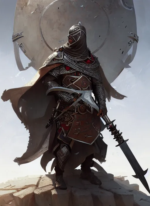 Image similar to epic arabic war commander with mechanical sword and shield highly detailed, digital painting, concept art, smooth, sharp focus, illustration, art by greg rutkowski