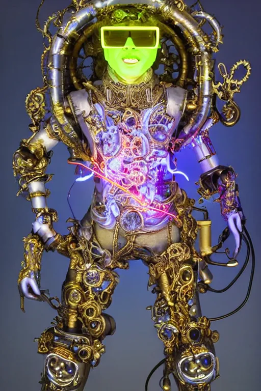 Prompt: full-body neon porcelain rococo futuristic style sculpture of a young handsome prince as a half-robot wearing retro shades, ruptured battery, leaking glowing neon radioactive liquid, electric sparks, glowing violet laser beam eyes, crown of giant diamonds, gold chain steampunk necklace, flowing purple satin, luminescent fabrics, mechanical roses. baroque and steampunk elements. full-length view. baroque element. intricate artwork by caravaggio. Trending on artstation, octane render, cinematic lighting from the right, hyper realism, octane render, 8k, depth of field, 3D