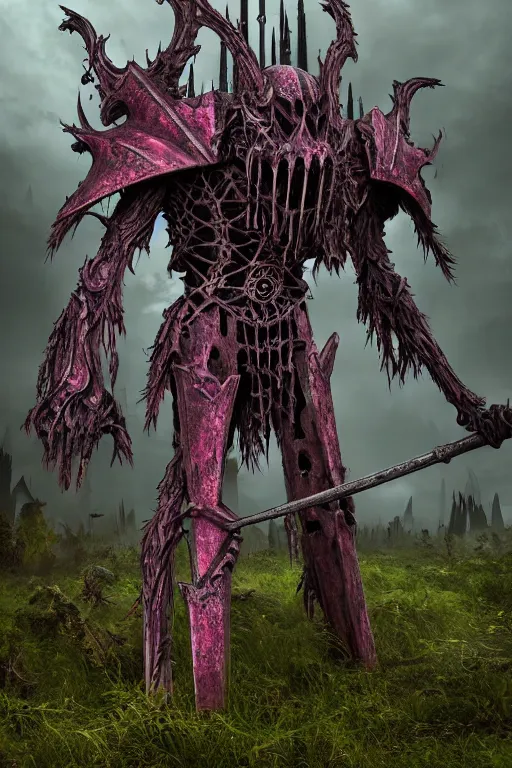 Image similar to post - gothic giant banshee, exoskeleton armor, attacking with axe, dystopian ruins covered in vegetation, highly detailed smooth digital art masterpiece, vitaly bulgarov giger dramatic dark pink light, ground angle hd 8 k, sharp focus