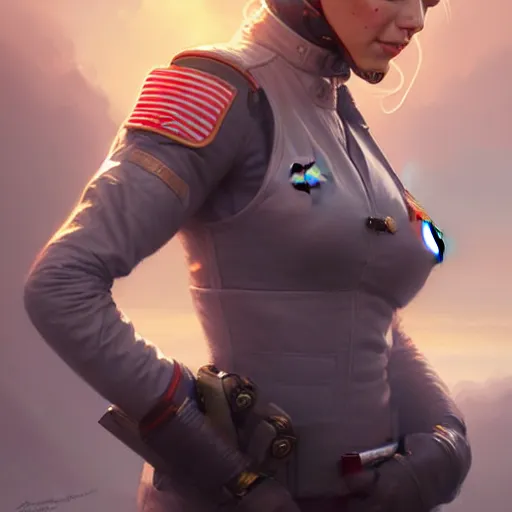 Image similar to Portrait of a charming lady fighter pilot, highly detailed, digital painting, artstation, concept art, smooth, sharp focus, illustration by Artgerm and Greg Rutkowski