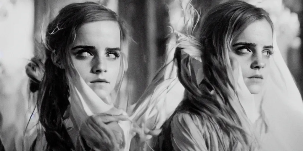Prompt: Emma Watson identical twin sisters long hair flowing robes baroque room cinematic lighting stanley kubrick barry lyndon Canon eos M50 200mm