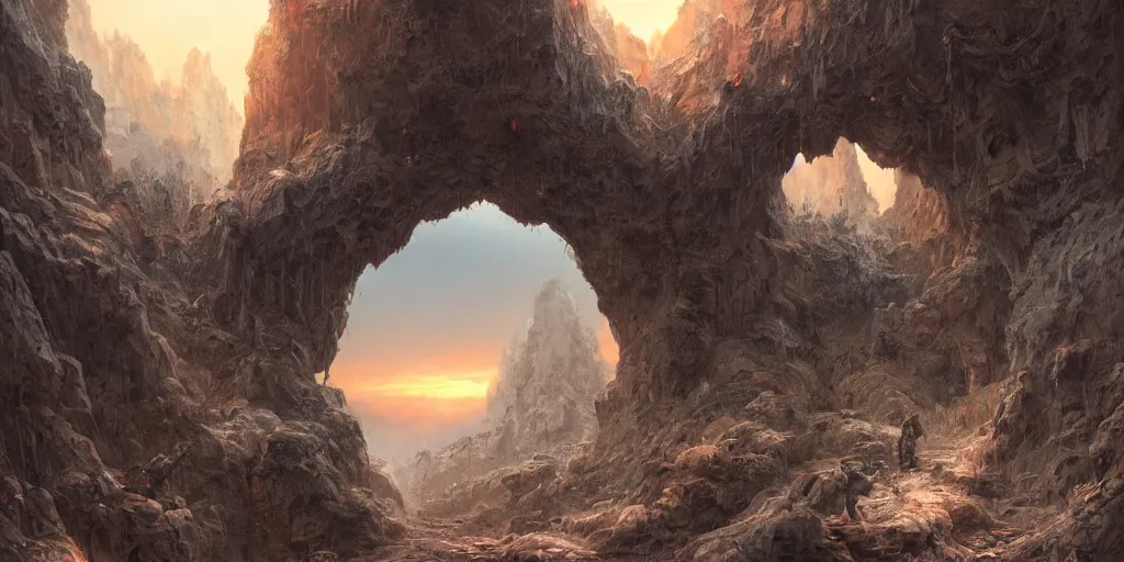 Image similar to highly detailed cinematic cave entrance in a scifi landscape by feng zhu, wayne barlowe, perfect geometry, hyper - detailed, sharp, beautiful, desaturated, beautiful lighting, oil on canvas, sunset