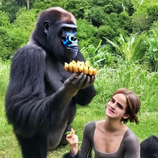 Prompt: Emma Watson in a zoo with a gorilla while she eats a banana