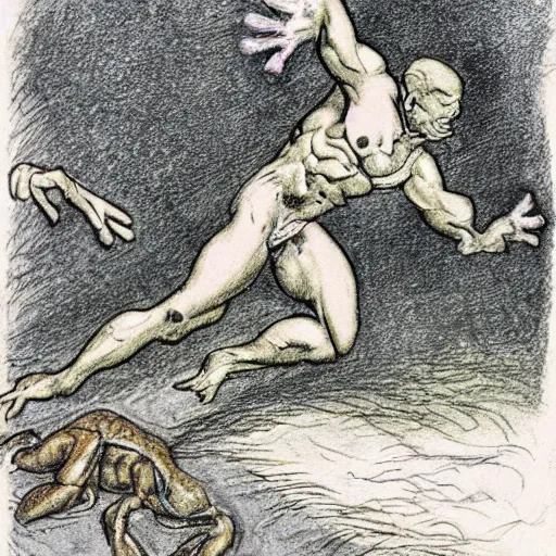 Image similar to a muscular frog man suplexing a toad man in a wrestling ring, detailed, artist arthur rackham, pastel colors