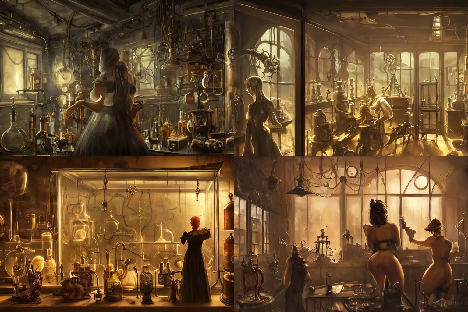 Prompt: a dark steampunk laboratory interior with strange creatures inside a display cases tended by a voluptuous woman as seen from the back in the afternoon with dusty atmosphere with only by one window, painting by Insist from Artstation
