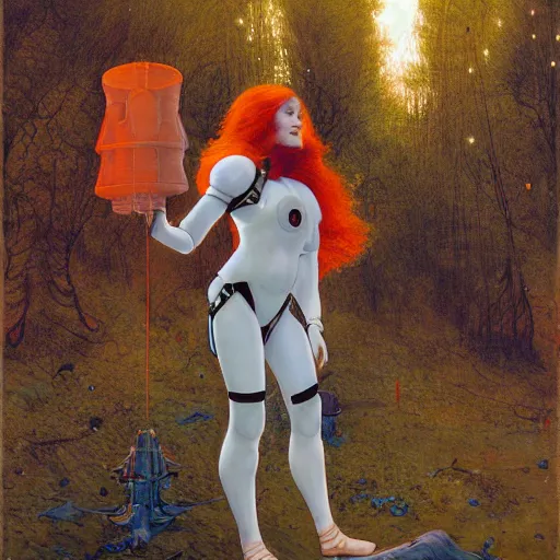 Prompt: beautiful woman with red hair in spacesuit, lost in the martianMartian forest at dusk, by Edgar Maxence and Ross Tran and Michael Whelan and Gustav Klimpt