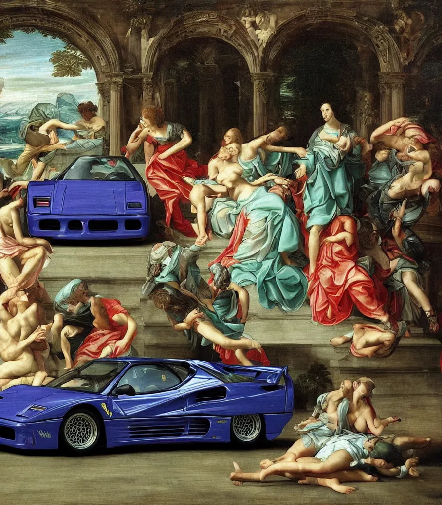 Image similar to vapor wave ferrari f 4 0 in the style of a renaissance painting