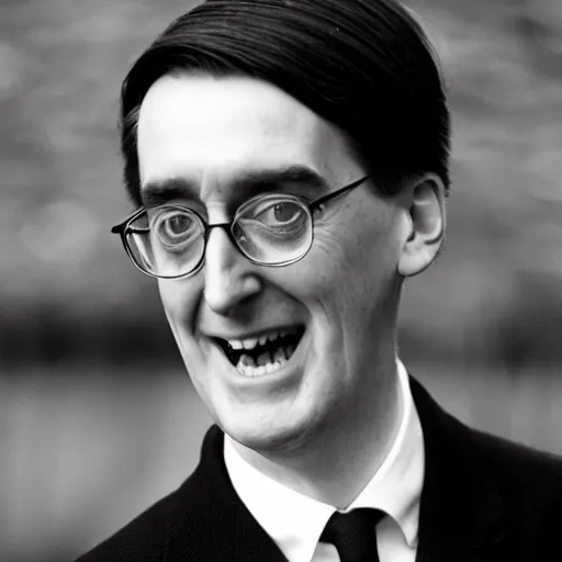 Prompt: a black and white photo of jacob rees - mogg as the childcatcher