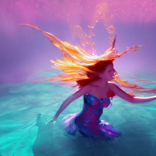 Image similar to woman dancing underwater wearing a flowing dress made of blue, magenta, and yellow seaweed, delicate coral sea bottom, swirling silver fish, swirling smoke shapes, maya render, caustics lighting from above, cinematic, hyperdetailed