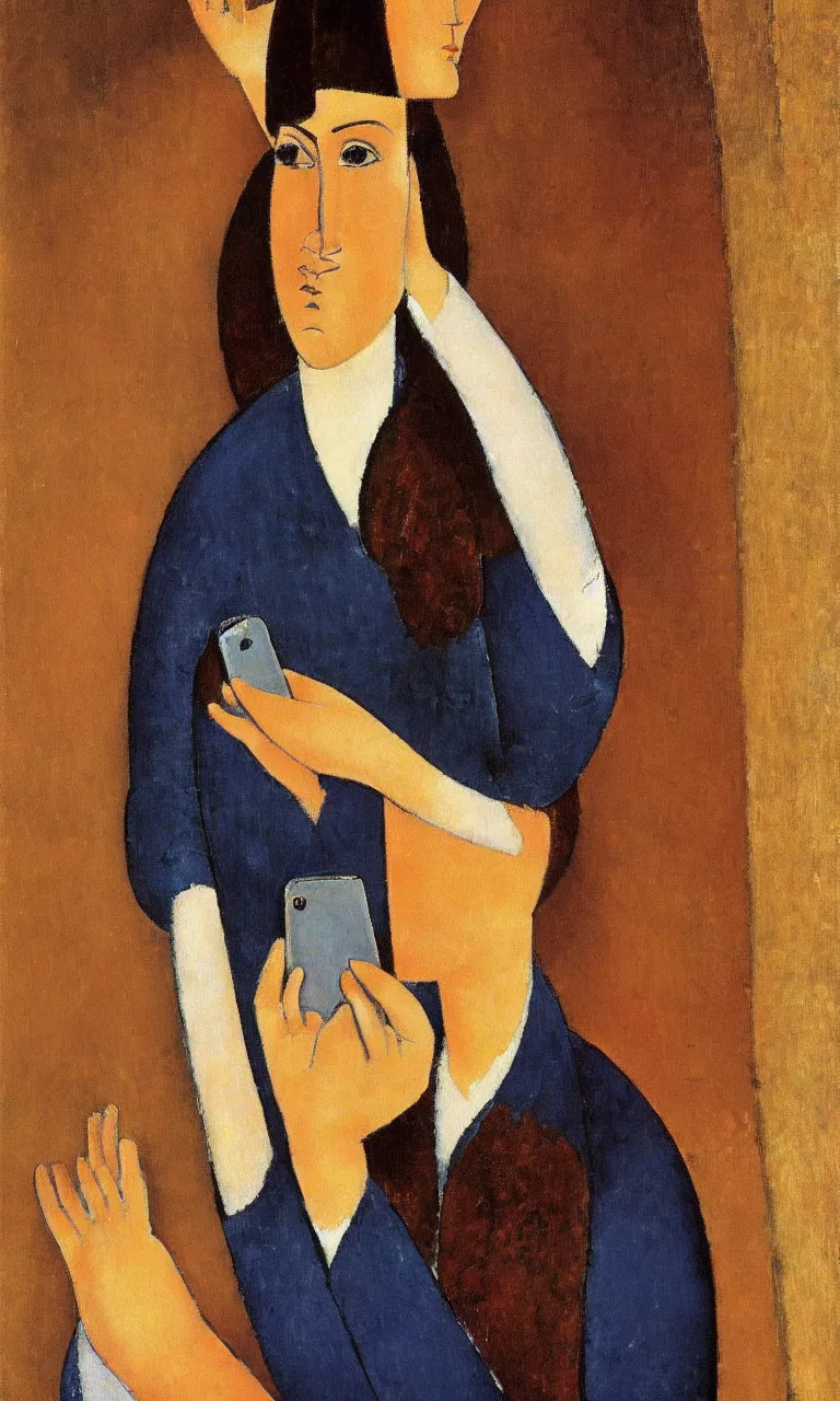 Image similar to amedeo modigliani. close up portrait of a woman with brown hair and a blue rollneck sweather holding an iphone in her hand. very soft brush.