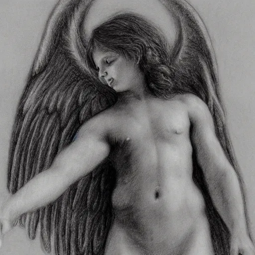 Image similar to a detailed charcoal and graphite drawing of an angel by claude weißbuch, detailed