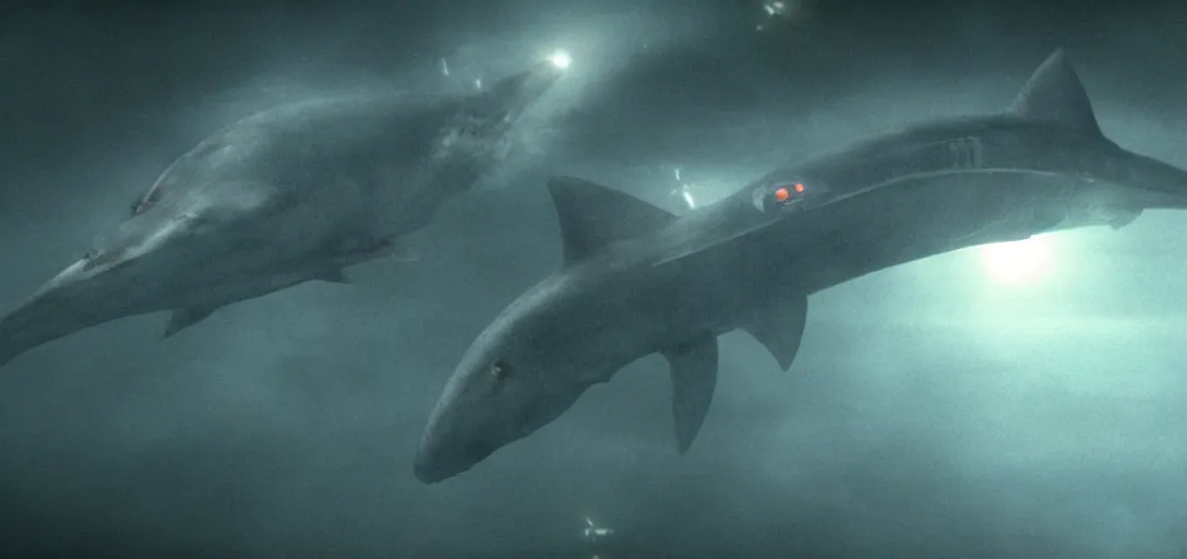 Prompt: a robotic ghost shark flying over jupiter, foggy, cinematic shot, photo still from movie by denis villeneuve, wayne barlowe