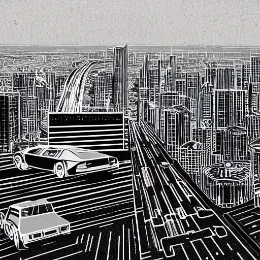 Image similar to point perspective, neon city sharp, delorean hovers in the foreground