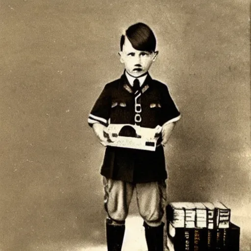 Prompt: adolf hitler as a little child in a school uniform carrying books, mustache, white background