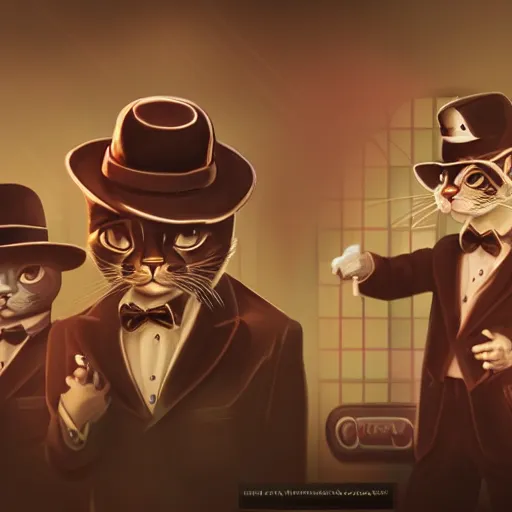 Prompt: 1930's gangster movie starring cats as the gangsters, movie screenshot, 4k, neo film noir style, photorealistic cats, artstation,