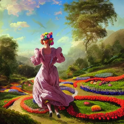 Image similar to portrait of a victorian woman, running up a hill of exotic flowers in the candyland, giant multicolored lollipops, and gumdrops, exotic plants in the shape of candies, from behind, Castle in distance, birds in the sky, sunlight and rays of light shining through trees, beautiful, solarpunk!!!, highly detailed, digital painting by Michael Garmash and Peter Mohrbacher