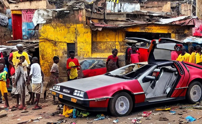 Image similar to a red and yellow delorean in ajegunle slums of lagos - nigeria, magazine collage, masterpiece,