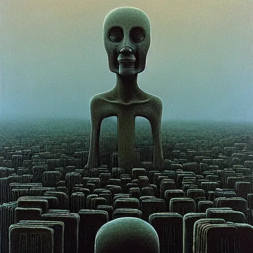 Image similar to highly detailed dystopian surreal painting of eerie grinning head statues and buildings by zdzisław beksinski