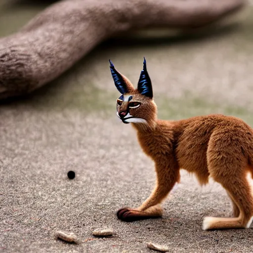 Image similar to a cinematic film still of a claymation stop motion film starring cute fluffy caracal, shallow depth of field, 8 0 mm, f 1. 8