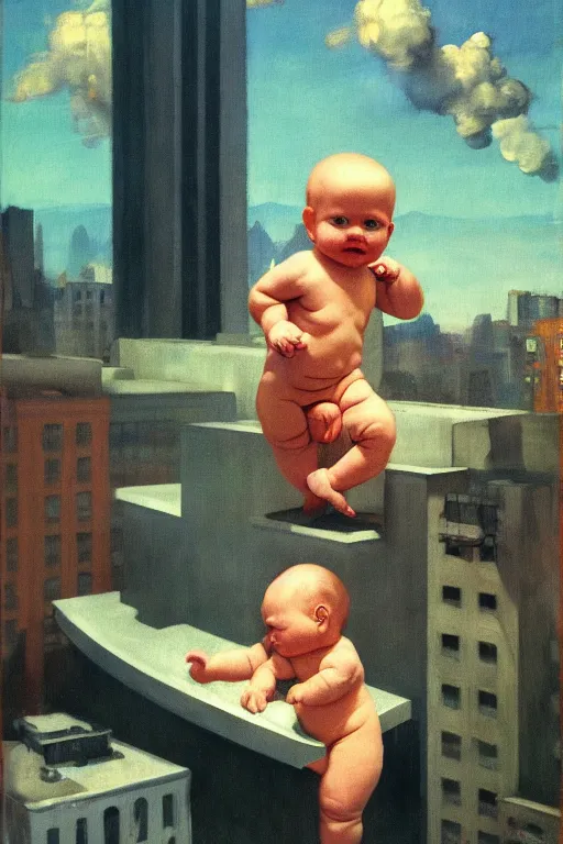 Image similar to evil human giant baby in huggies, grows up to the sky, against the backdrop of destroyed high - rise building, hauntingly surreal, highly detailed painting by francis bacon, edward hopper, adrian ghenie, gerhard richter, and james jean soft light 4 k,