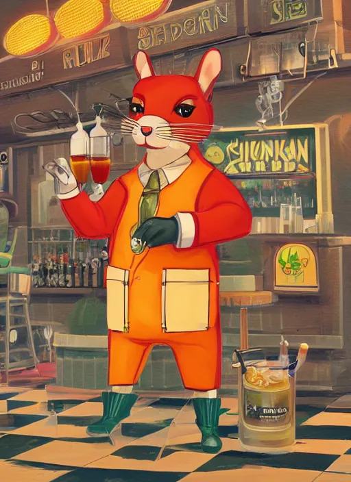 Image similar to squirrel anthro as a dapper bartender with a big fluffy tail, retro futurism, art deco, detailed painterly digital art by Richard Scarry, 🐿🍸🍋, furaffinity, trending on artstation