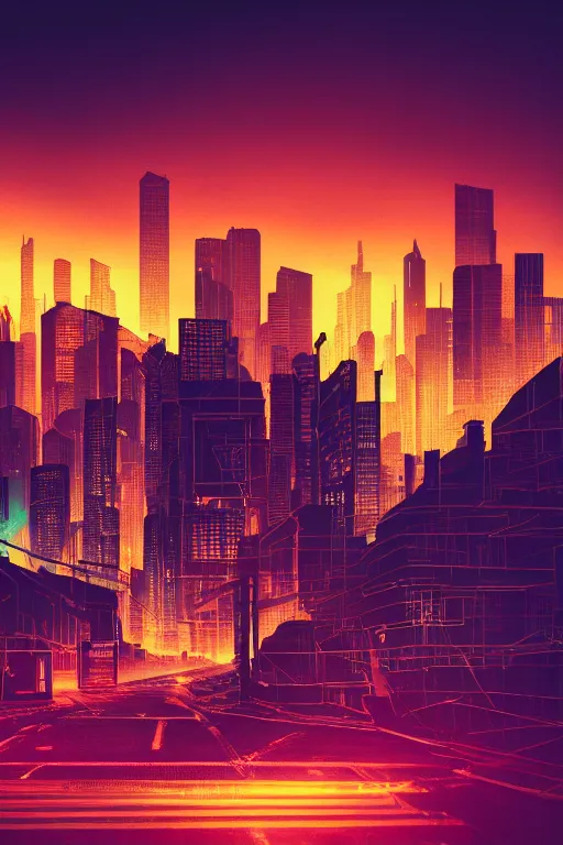 Image similar to cyber punk city scape at dusk orange light , realistic, cinematic style, 100mm, film post process, unreal